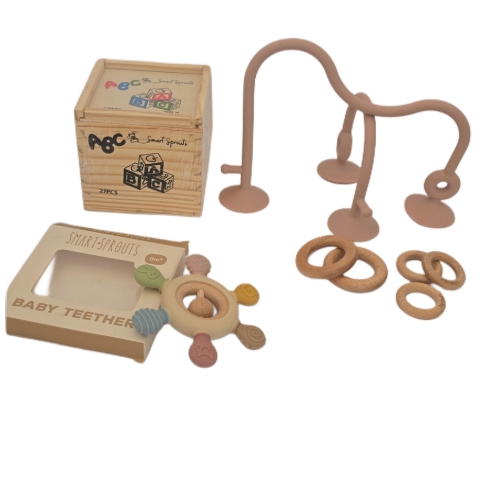 Smart Sprouts- Teether, On-the-go Suction Table Toy, and Wooden Blocks